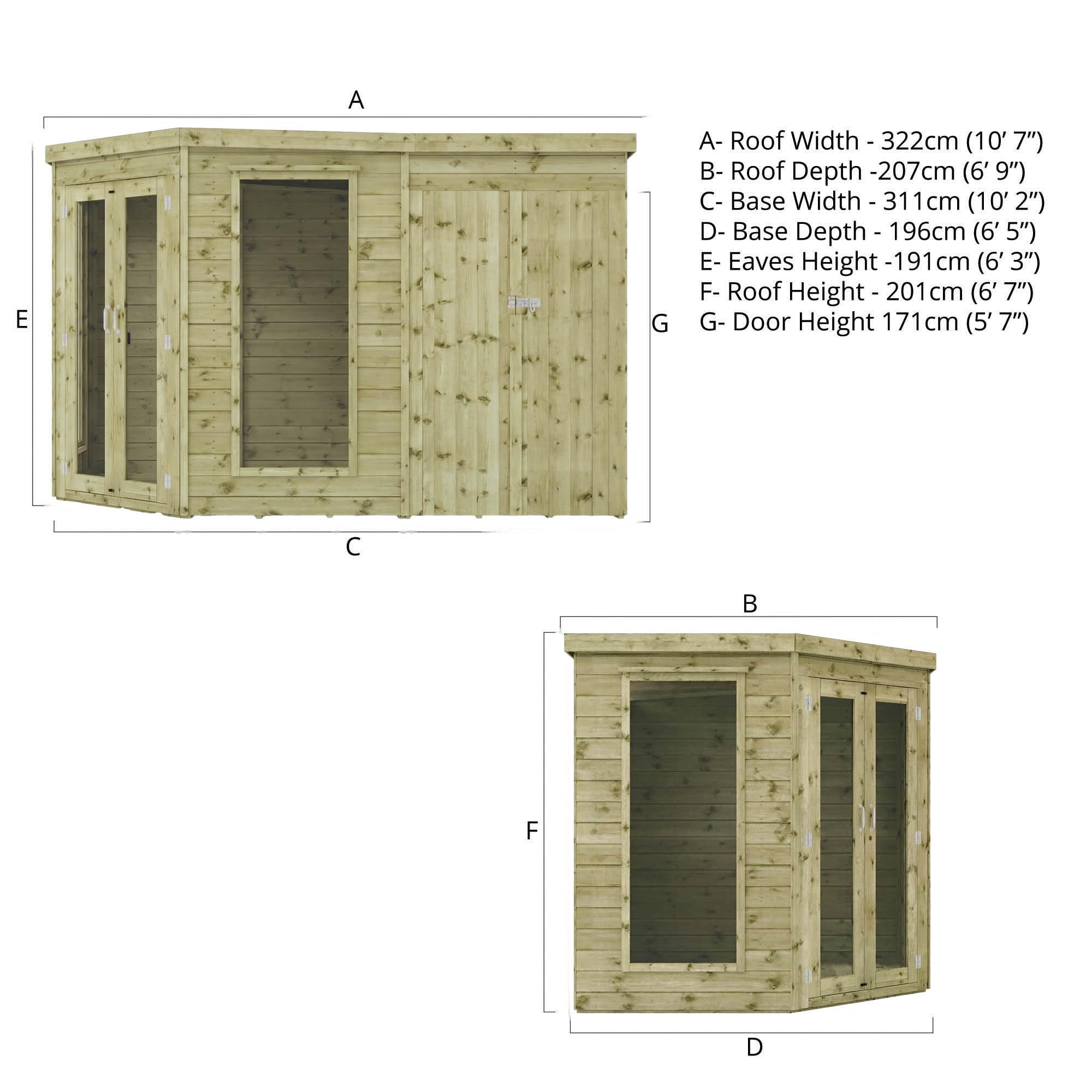 WALTONS | 11x7, 12x8, 13x9 Wooden Corner Summerhouse with Side Shed | Shiplap Tongue & Groove | Garden Room | Flat Roof | Double Door | Outdoor Sun - Image 3