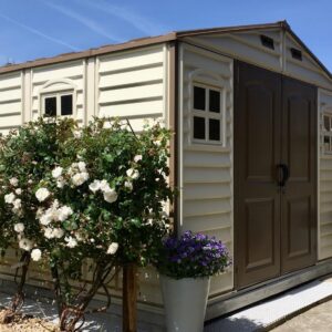 10 x 8 ft Outdoor Plastic Garden Storage Shed with Double Doors, Windows & Metal Foundation Kit