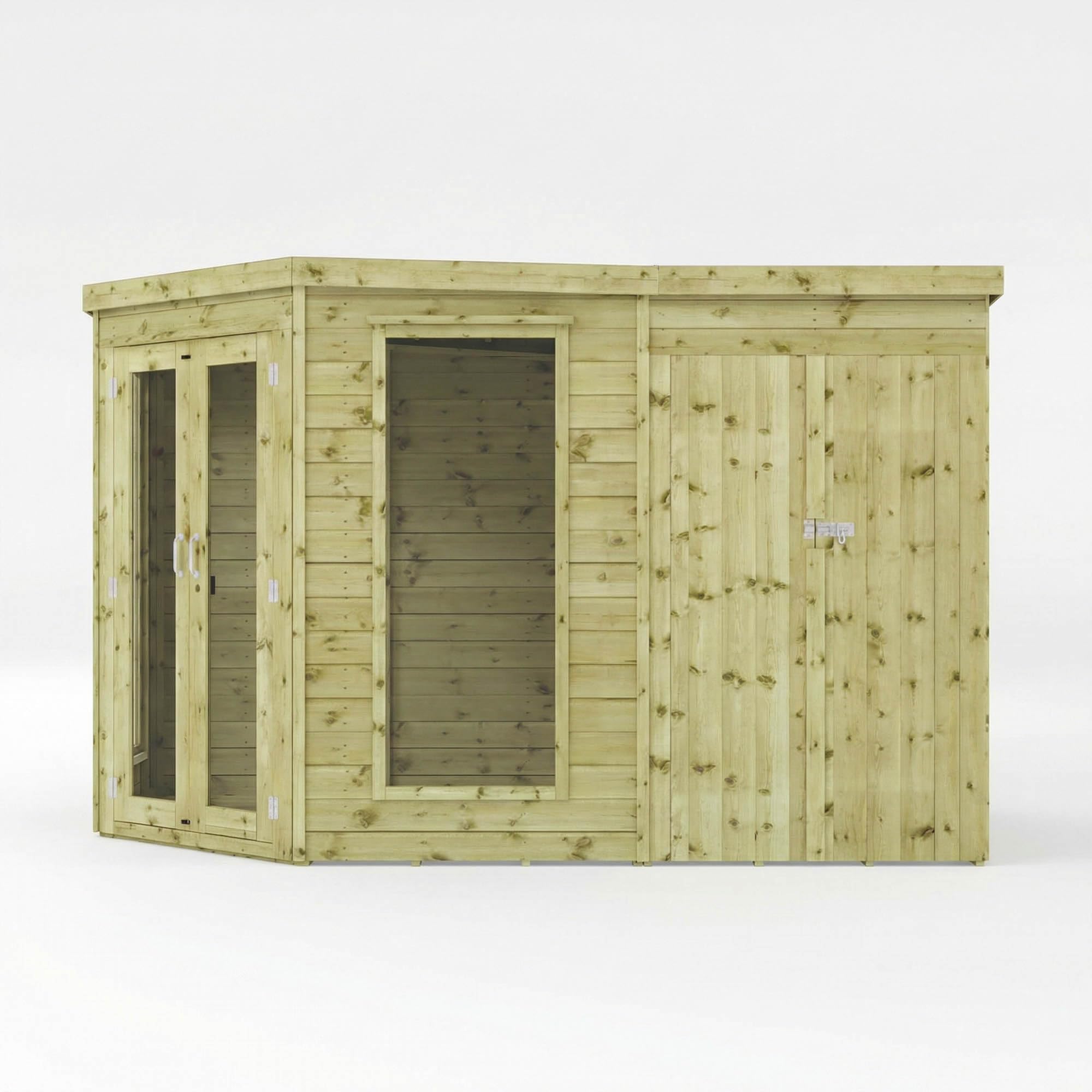 WALTONS | 11x7, 12x8, 13x9 Wooden Corner Summerhouse with Side Shed | Shiplap Tongue & Groove | Garden Room | Flat Roof | Double Door | Outdoor Sun - Image 4