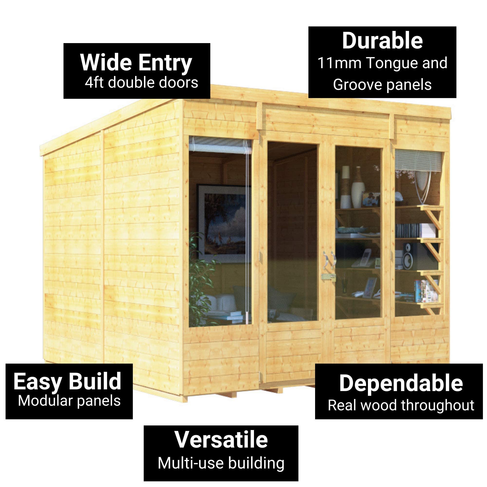 BillyOh Bella 8 x 8 Summer House Shed, Modern Pent Roof Log Cabin | Spray Treated - Garden Room with Wide Double Doors, Tongue and Groove - Image 7