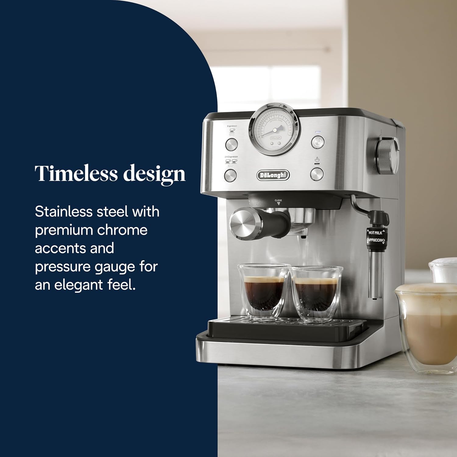 De'Longhi Classic EM450.M, Manual Coffee Machine with Steam Wand, Barista Pump Espresso Machine, Cappuccino Nozzle, Double Wall Filter Basket, 15bar, Fit Mug Up to 13cm, Stainless Steel/Metal - Image 2