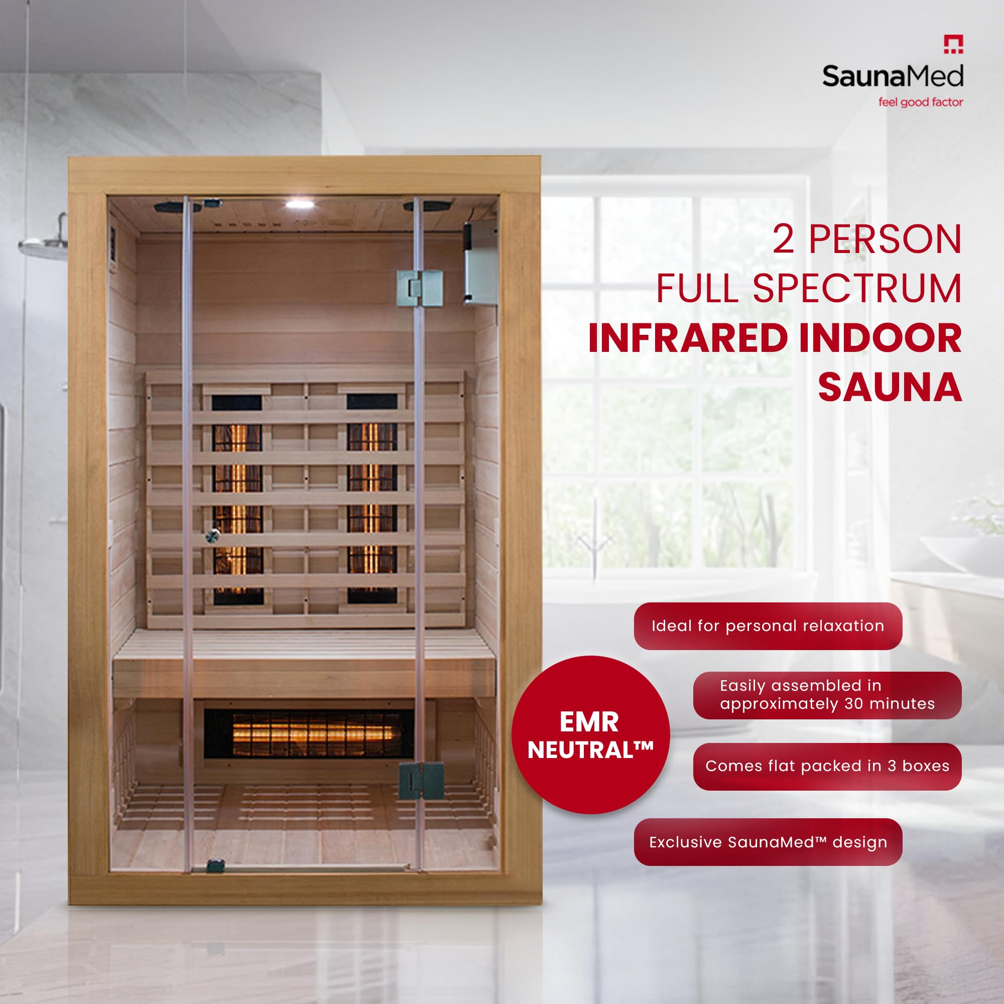 SaunaMed 2-6 Person Full Spectrum Infrared Indoor Sauna EMR NeutralTM 13A Plug & Play (2 Person) - Image 2