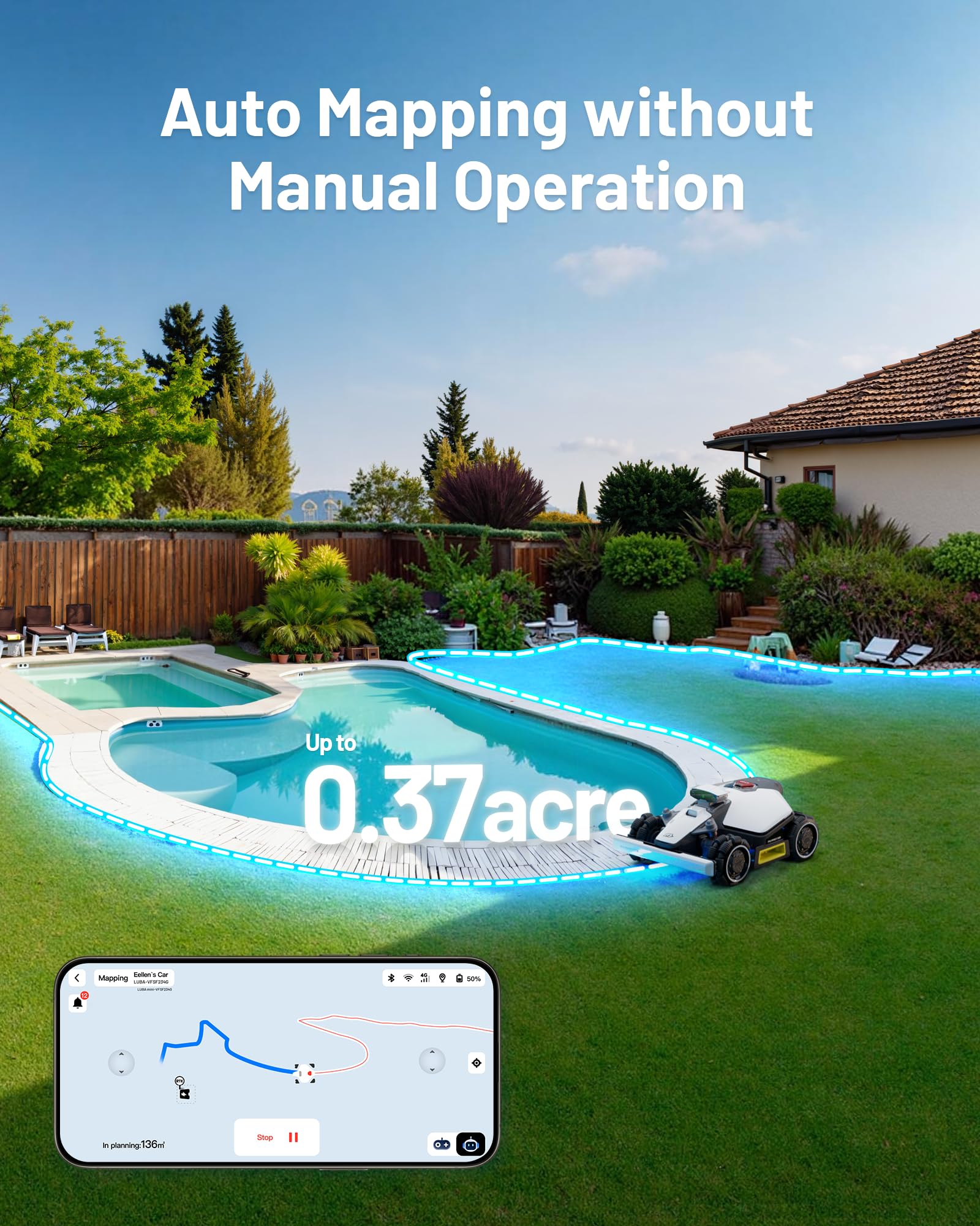 MAMMOTION LUBA mini AWD Robot Lawn Mower without Boundary,Auto Mapping UltraSense AI Vision, 80% Gradient, 20-65 mm Cutting Height (LUBAminiAWD1500) - Image 4