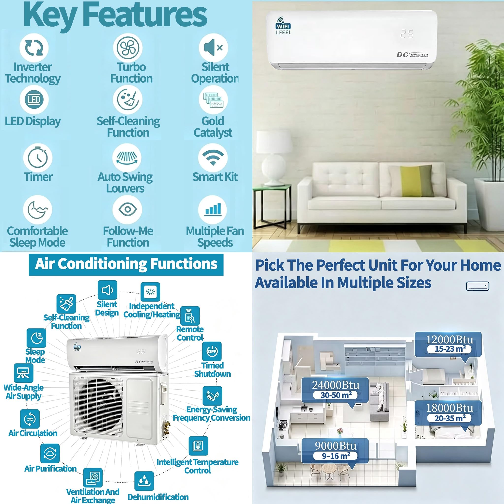 18000 BTU Air Conditioner, Wall Split, Wi Fi, 5 In 1, Cooler, Heater, Dehumidifier, Air Purifier, Heat Pump, Remote Control, 5.3 kW, A++, App - Image 3