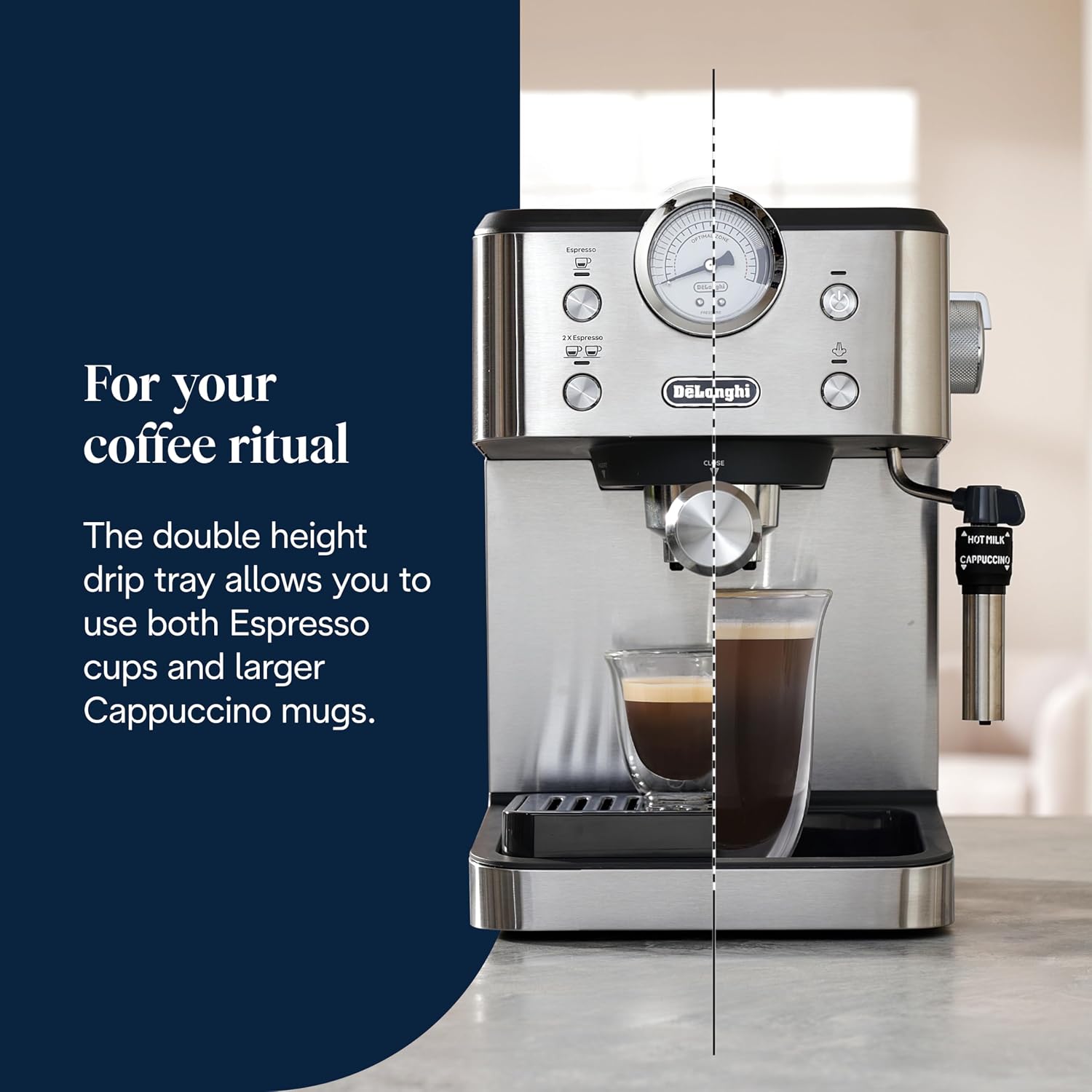 De'Longhi Classic EM450.M, Manual Coffee Machine with Steam Wand, Barista Pump Espresso Machine, Cappuccino Nozzle, Double Wall Filter Basket, 15bar, Fit Mug Up to 13cm, Stainless Steel/Metal - Image 6