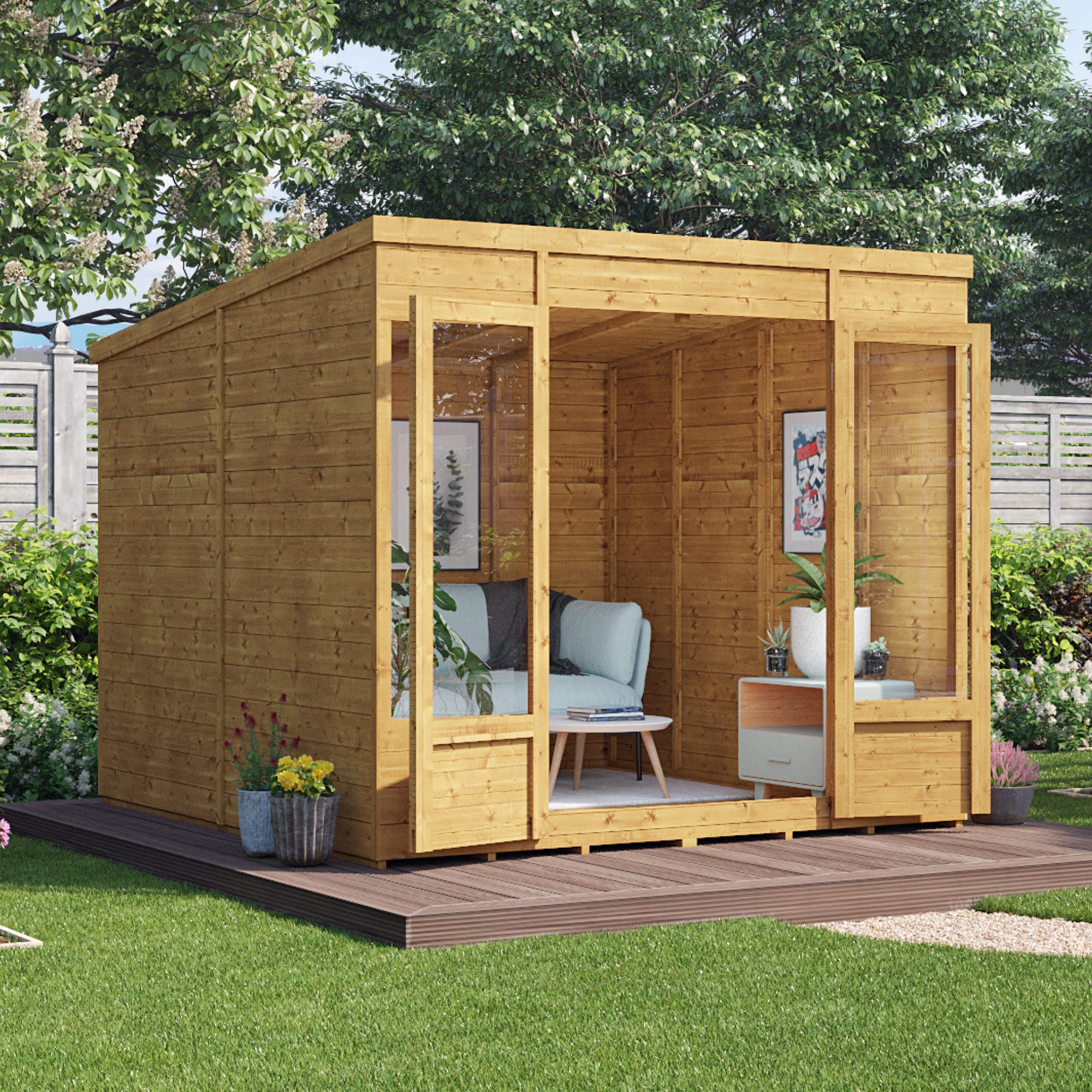BillyOh Bella 8 x 8 Summer House Shed, Modern Pent Roof Log Cabin | Spray Treated - Garden Room with Wide Double Doors, Tongue and Groove - Image 2