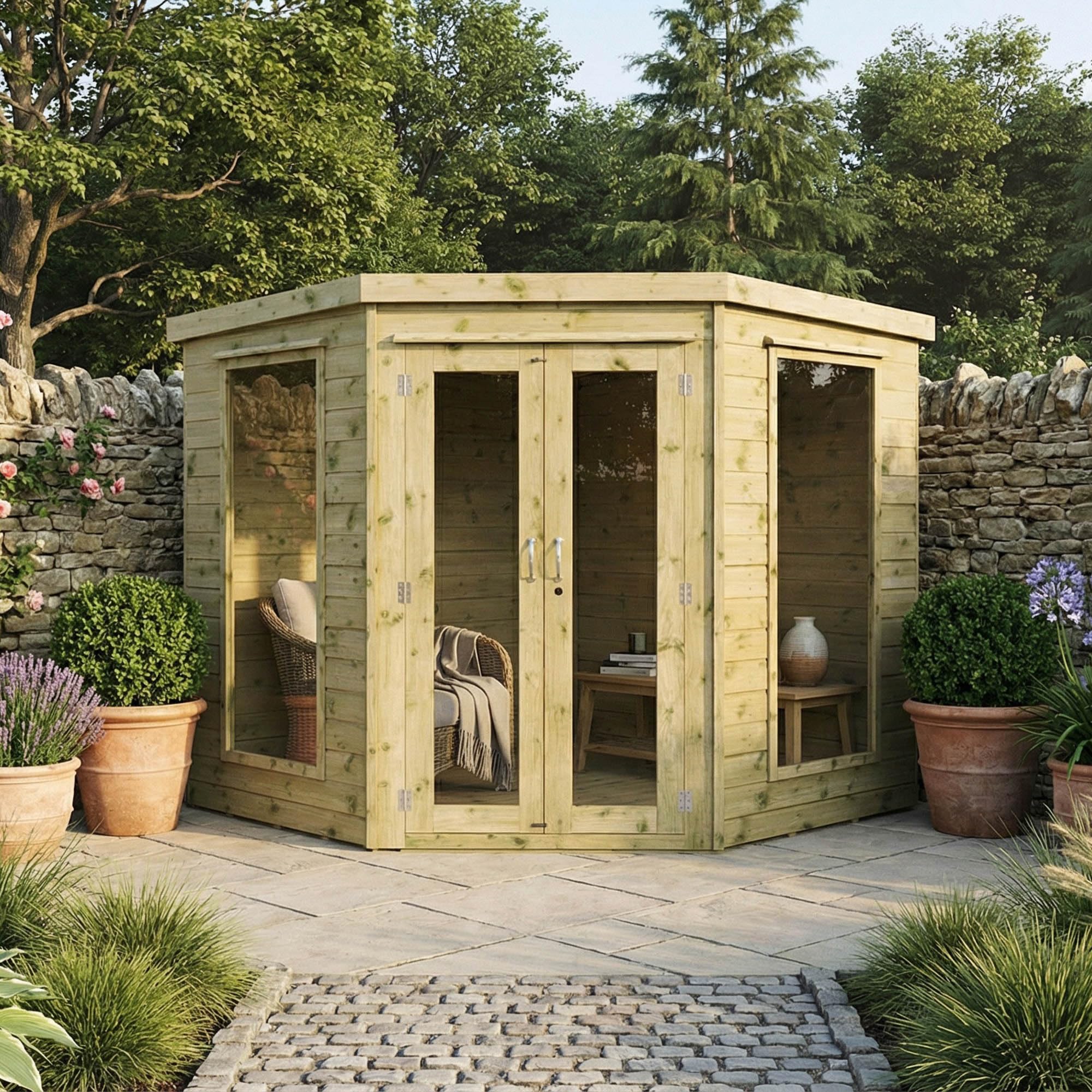 WALTONS | Wooden Corner Summerhouse | Shiplap Tongue & Groove | Garden Room | Flat Roof | Double Door | Outdoor Sun Room | 7ft 8ft 9ft | 10 Year Anti - Image 2