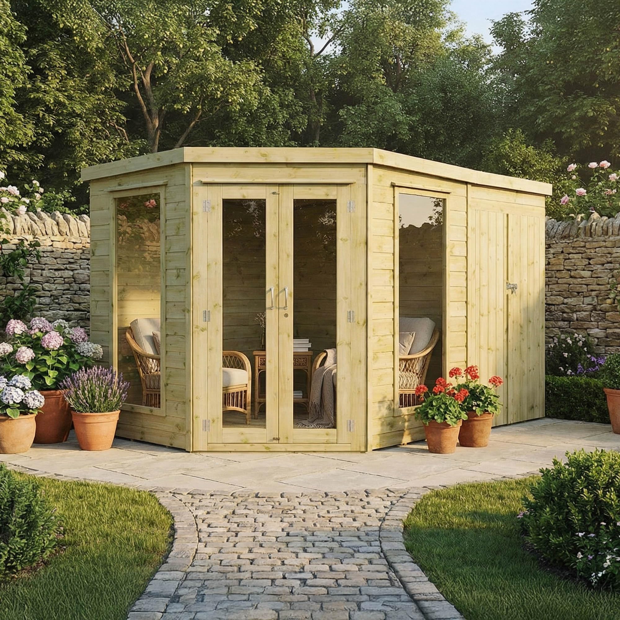 WALTONS | 11x7, 12x8, 13x9 Wooden Corner Summerhouse with Side Shed | Shiplap Tongue & Groove | Garden Room | Flat Roof | Double Door | Outdoor Sun - Image 2