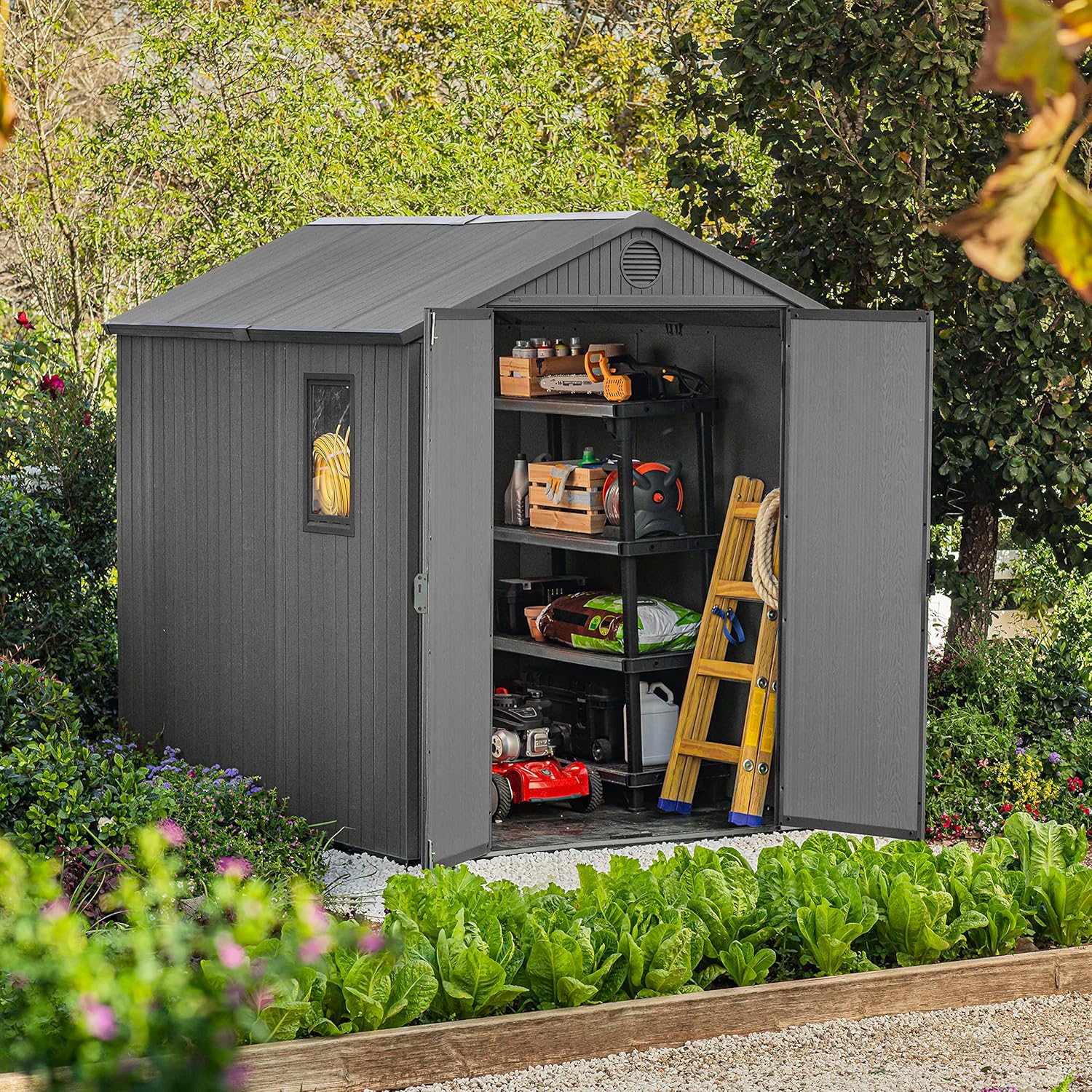 6 x 8 ft Outdoor Garden Storage Shed with Double Doors, Window & Heavy-Duty Floor Panel - Image 2