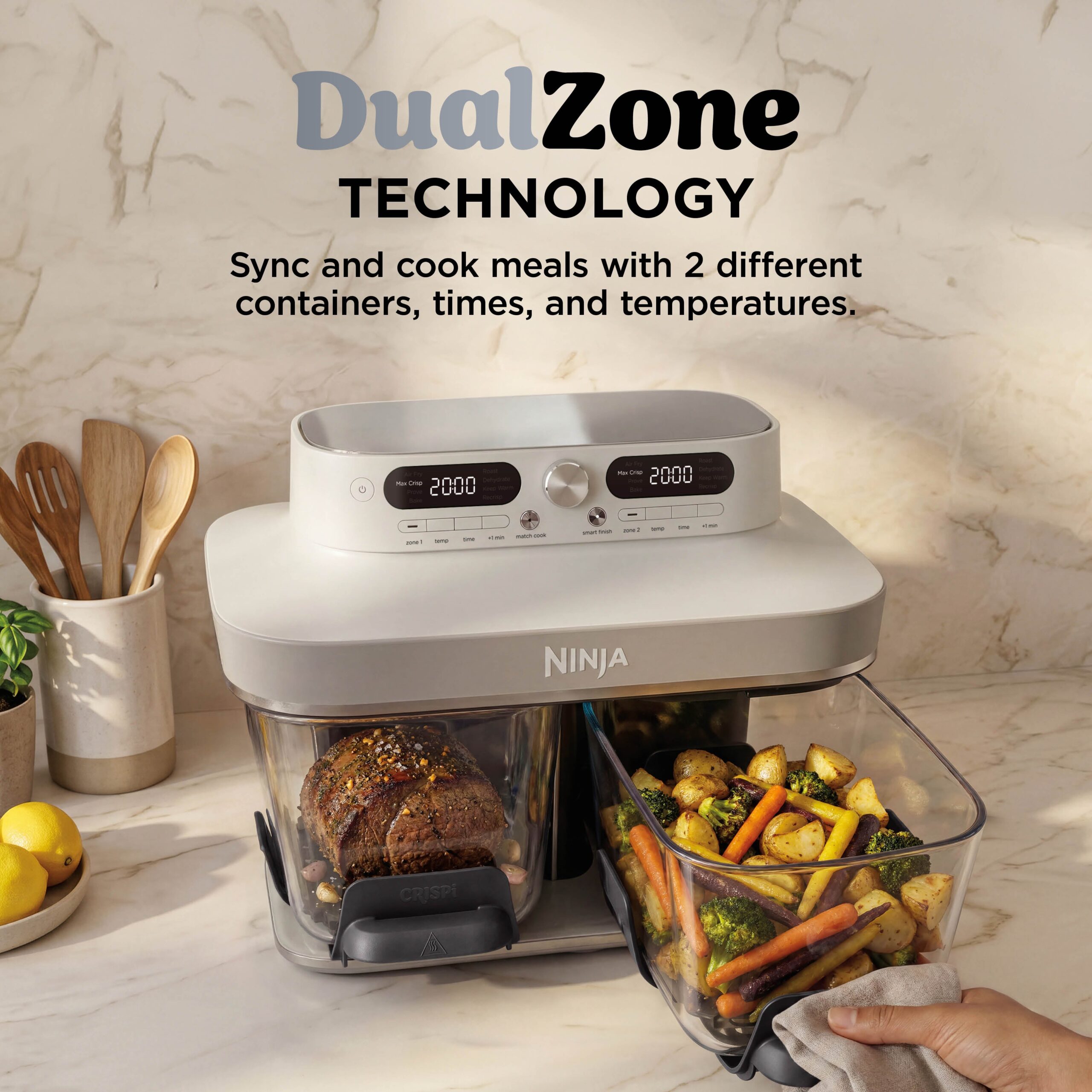 Ninja CRISPi DualZone 8-in-1 Function Glass Air Fryer - Bone DD102UKIV2 - Image 3