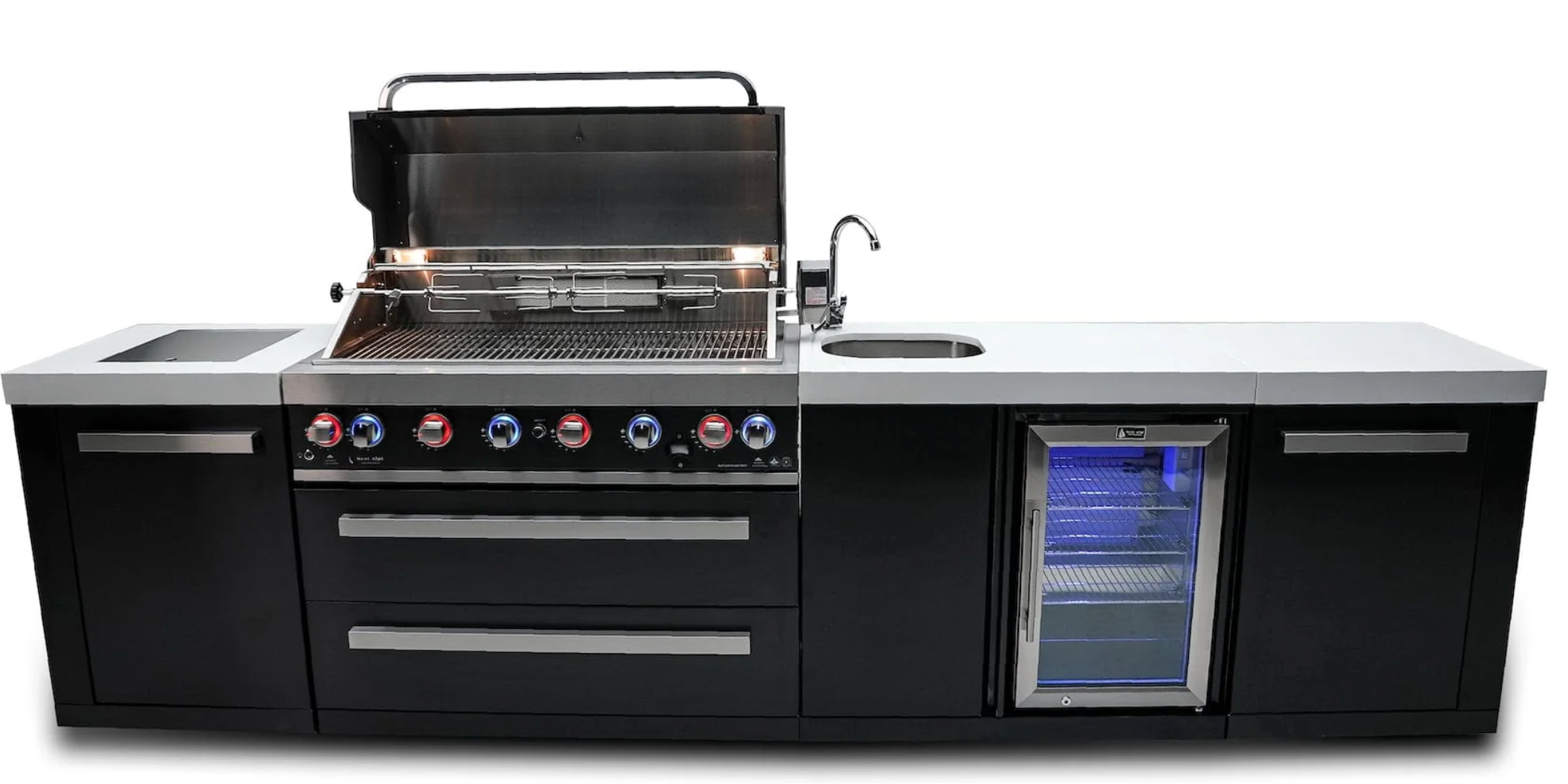 Mont Alpi 805 Black Stainless Steel Island with Beverage Center 6-Burner Grill 2 Infrared Burners Sink Fridge - Image 2