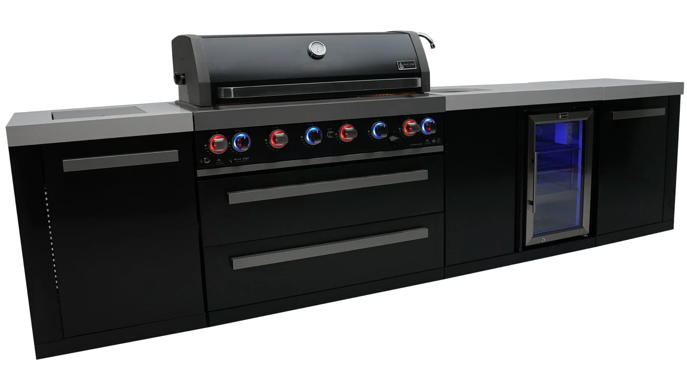 Mont Alpi 805 Black Stainless Steel Island with Beverage Center 6-Burner Grill 2 Infrared Burners Sink Fridge - Image 3