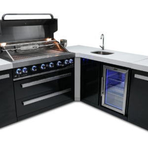 Mont Alpi 805 Black Stainless Steel Island with Beverage Center and 90 Degree Corner 6-Burner Grill 2 Infrared Burners Sink, Fridge